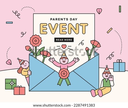 family month. Parents' Day event. Cute children jump out of envelopes. banner template.
