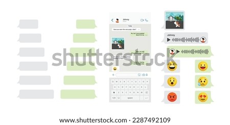Vector chatting screen in mobile communication illustration. Chat app template. Modern realistic white and black smartphone. Social network concept. Vector. Royalty-Free Stock Photo #2287492109