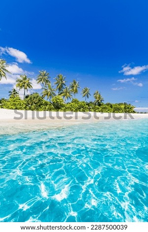 Paradise island beach. Tropical landscape of summer scenery, sea sand sky palm trees. Luxury travel vacation destination. Exotic beach landscape. Amazing nature, relax, freedom nature concept Maldives Royalty-Free Stock Photo #2287500039