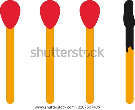 Vector illustration of group of matches and one of the matches burnt out. Burnt and extinguished match.
