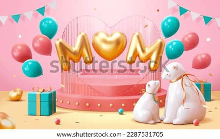 3D Mother's day celebration template. Porcelain polar bears sitting beside fancy heart shape design stage with mom text balloons.