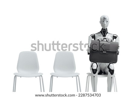 Futuristic android robot sitting on a chair and waiting for a job interview, AI and innovation concept