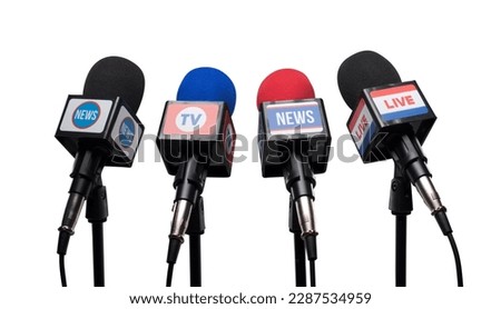 Set of microphones ready for the press conference, communication and media concept Royalty-Free Stock Photo #2287534959
