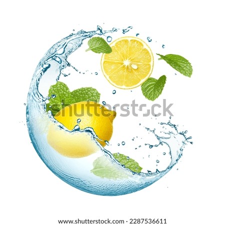 Lemon and fresh mint leaves splashing with water over white background