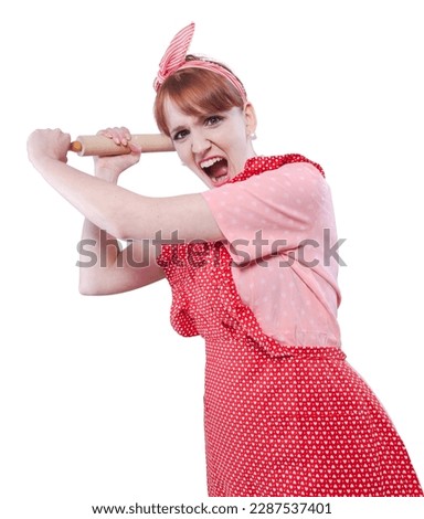 Aggressive vintage style housewife beating someone with a rolling pin and shouting Royalty-Free Stock Photo #2287537401