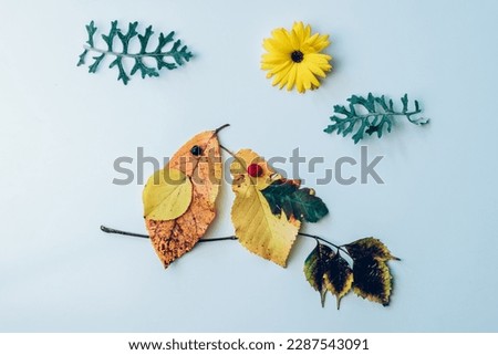 birds made from colorful leaves and bright flowers on white background