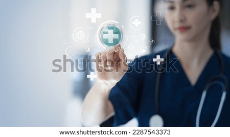 Medicine doctor touching with medical technology and futuristic concept. selective focus of hand.