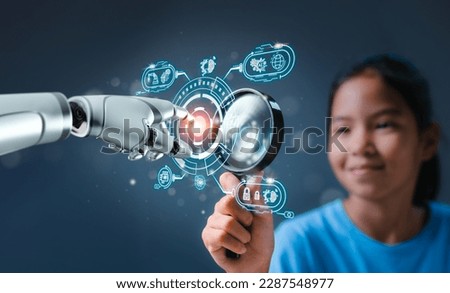 Robot hand touching on global virtual network connection future interface with the girl holding magnifying glass. Science, artificial intelligence technology, innovation for futuristic concept.