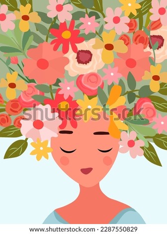 A bright Greeting card featuring an elegant woman a bouquet flowers on head. Concept your blooming. Perfect for Mothers Day cards, birthdays, banners, posters, invitations etc. Vector