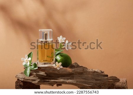 Close up view of a tree branch with Lime, several white flowers and a perfume glass bottle containing yellow liquid of Lime (Citrus aurantiifolia) extract. Empty label for branding mockup Royalty-Free Stock Photo #2287556743