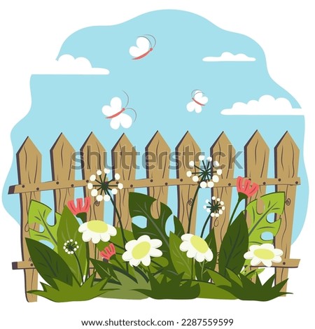 Spring landscape with wild flowers, butterflies and fence under blue sky with clouds. Dandelions, tulips, daisies, leaves