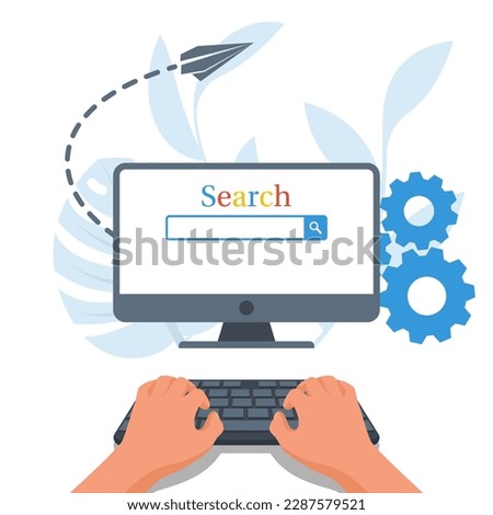 Web search concept. The man at the laptop sits on the Internet. Hands on the keyboard in front of the screen. Vector illustration flat design. Isolated on background. Searching concept. 