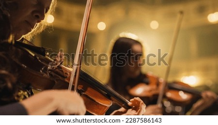 Cinematic Close Up Shot of Professional Symphony Orchestra Violin Player Playing on Classic Theatre with Curtain Stage during Music Concert. Performers Playing Music for Audience Royalty-Free Stock Photo #2287586143