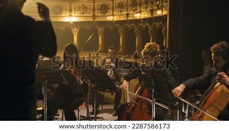 Cinematic Shot of Symphony Orchestra Musicians Performing on the Stage of a Classic Theatre During a Classical Music Concert. Focused Performers Playing Different Instruments Royalty-Free Stock Photo #2287586173
