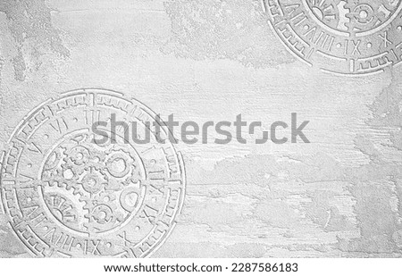 White background of decorative plaster with a decorative clockwork. Unusual white wall texture with beautiful patterns, creative surface background. Finishing coating for building cladding. Royalty-Free Stock Photo #2287586183
