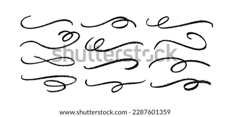 Ornament divider vector collection. Hand drawn swashes and flourishes. Ornate swirl swashes, decorative flourish dividers. Charcoal or pencil drawn wavy lines, swirls. Black paint curved strokes.