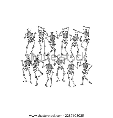 Set of dancing skeleton. Collection of silhouette skeletons in dance. Happy Halloween. Human anatomy. Vector illustration isolated on white background.