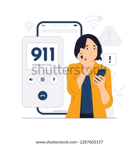 Emergency call 911, urgency, Worried panic woman talking on the phone need help concept illustration Royalty-Free Stock Photo #2287605157