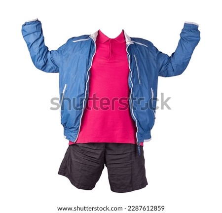 men's blue white jacket windbreaker, red  shirt and black sports shorts isolated on white background. fashionable casual wear
