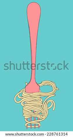 Vector spaghetti on the fork. Cartoon hand drawn pasta illustration for kitchen and cafe. Image is cropped with clipping mask and contains the whole fork 