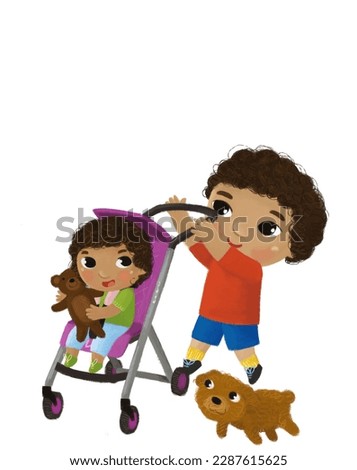 cartoon child kid boy taking care oh his little sister childhood illustration for children with dog