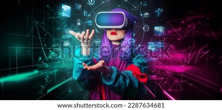 Concept of stylish woman in VR glasses with future interface on dark background