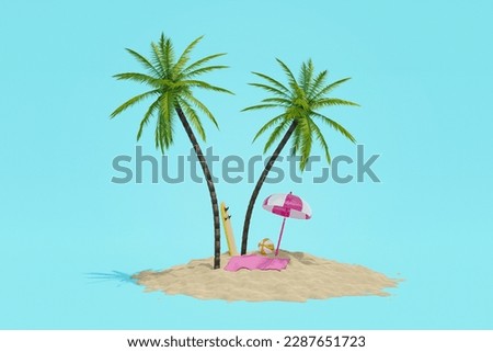 Realistic 3d collage of beautiful tropical island with coconut palm tree sunbathing surfing stuff perfect relax on summer vacation Royalty-Free Stock Photo #2287651723