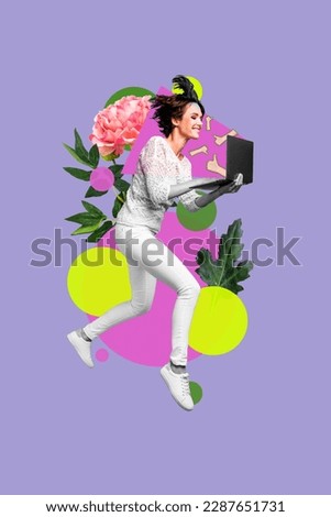 Collage artwork graphics picture of smiling lady texting instagram twitter telegram facebook isolated painting background