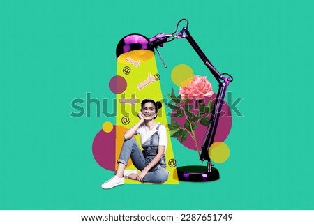 Creative template collage image of funny dreamy girl sitting under bulb lamp getting positive feedback isolated drawing background