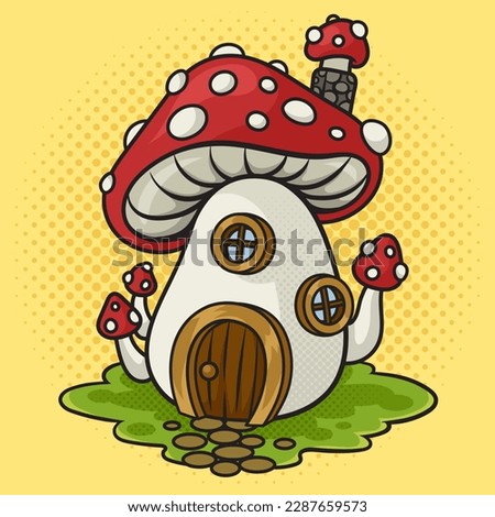 Cartoon mushroom amanita house pinup pop art retro raster illustration. Comic book style imitation.