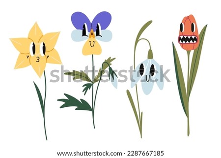 Set of spring flowers, comic cartoon characters. Trendy modern vector illustration isolated on white background, hand drawn, flat design.