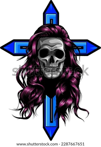 woman human skull with long hair on roman cross. vector illustration design hand draw