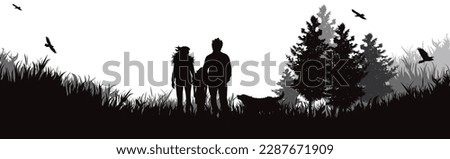 Vector silhouette of happy family walking in nature. Symbol of sport and healthy lifestyle.
