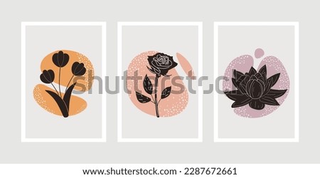 Wall art vector set. Hand drawing floral plants with abstract shape for decoration, print, cover, wallpaper, Minimal and natural wall art. Vector illustration
