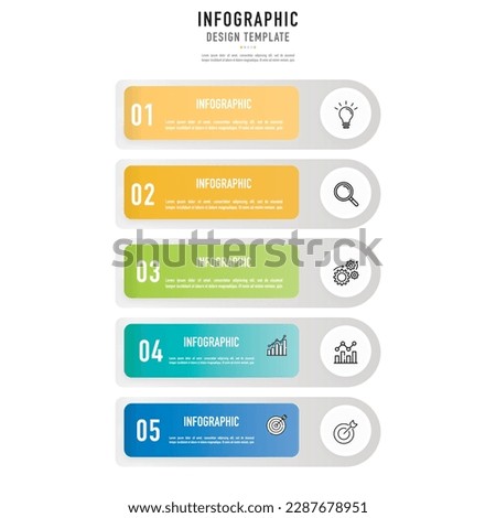 Rectangular origami infographic template or element with 5 step, process, option, colorful rectangle, tag, circle, button, label, circular, icons, bar, square, menu for sale slide, internet, brochure