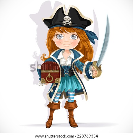 Cute little pirate girl with cutlass and treasure chest isolated on a white background Royalty-Free Stock Photo #228769354