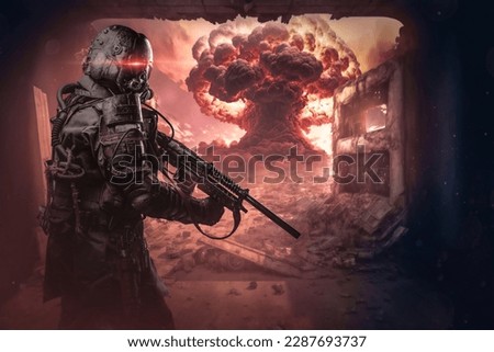 Portrait of survivor in setting of post apocalypse in destroyed city after nuclear war. Royalty-Free Stock Photo #2287693737