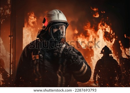 Portrait of crew of two firemen putting out fire rescuing people in burning building. Royalty-Free Stock Photo #2287693793