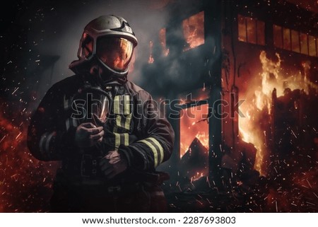 Shot of fireman dressed in helmet and protective suit in heat of inferno. Royalty-Free Stock Photo #2287693803