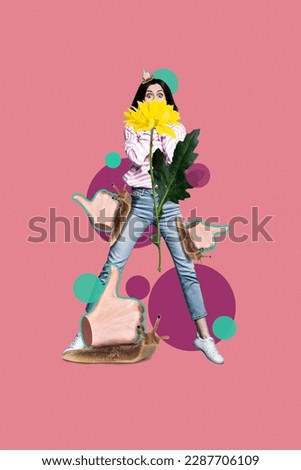 Photo cartoon comics sketch collage picture of impressed lady getting thumbs up gerbera cover face isolated drawing background