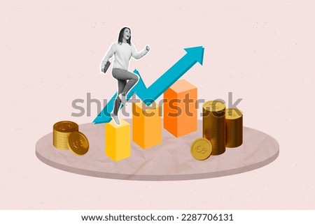 3d retro abstract creative artwork template collage of successful woman entrepreneur trader walk upstairs motivation effort growth economy