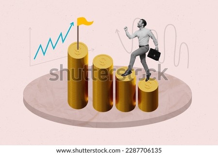 Creative collage picture of black white effect excited mini guy run climb pile stack money coins destination flag growing arrow upwards
