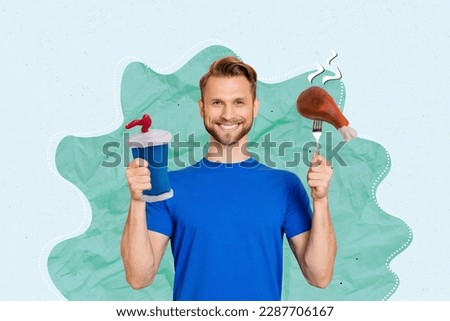 Poster magazine collage of young man holding fork with grilled fried bbq chicken thigh and takeaway soda cup prepare tasty snack