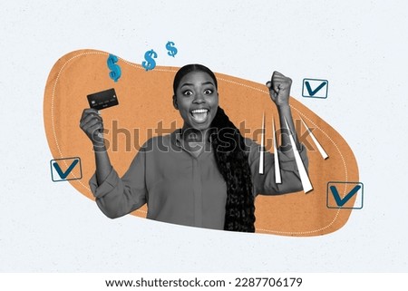 Collage portrait of delighted happy black white effect girl hold debit card raise fist achievement check mark accomplishment