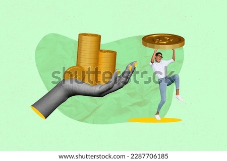 Creative abstract template collage of excited little woman holding big golden coin successful trader have fun earnings economy finance