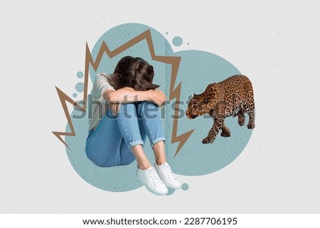 Poster banner collage of depressed lady crying feeling lonely no boyfriend only wild cat leopard