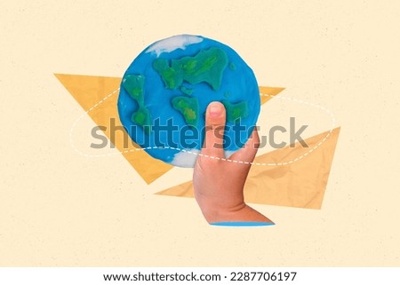 Creative collage picture of human arm hold mini plasticine planet earth globe isolated on beige background
