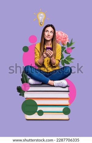 Collage artwork graphics picture of dreamy lady sitting book stack online shopping modern device isolated colorful background