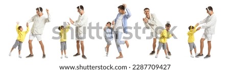 Collage of happy father and his little son listening to music on white background