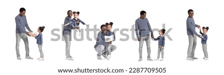 Collage of happy African-American father and his little daughter on white background